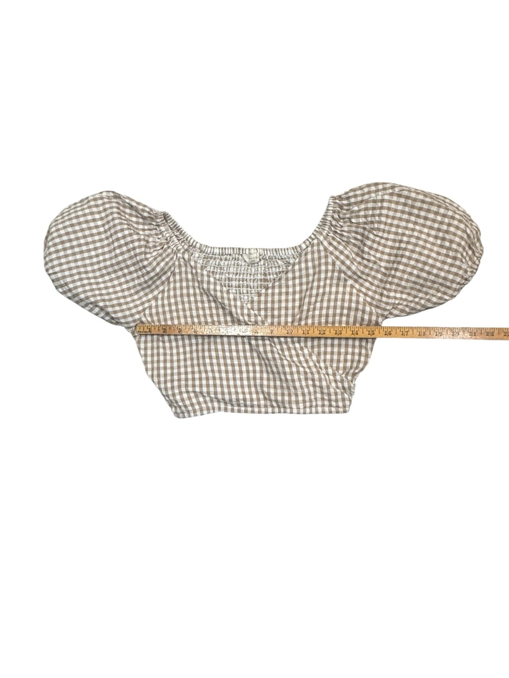 Sim & Sam Beige Gingham Puff Sleeve Crop Top Cotton Cottagecore Size Medium - Picture 3 of 9